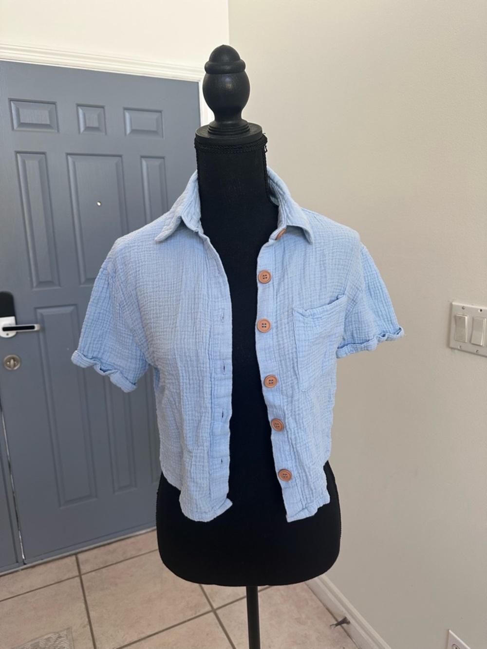 Rachel Paige Blue Button Down Top – XS – 100% Cotton – Short Sleeve